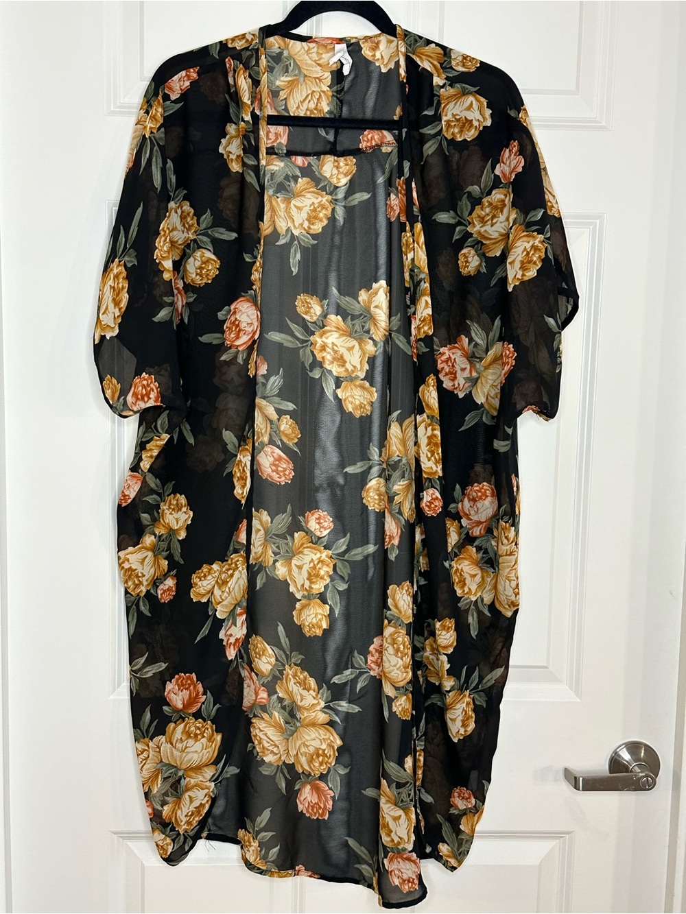 Sheer Floral Kimono with Yellow Rose Print